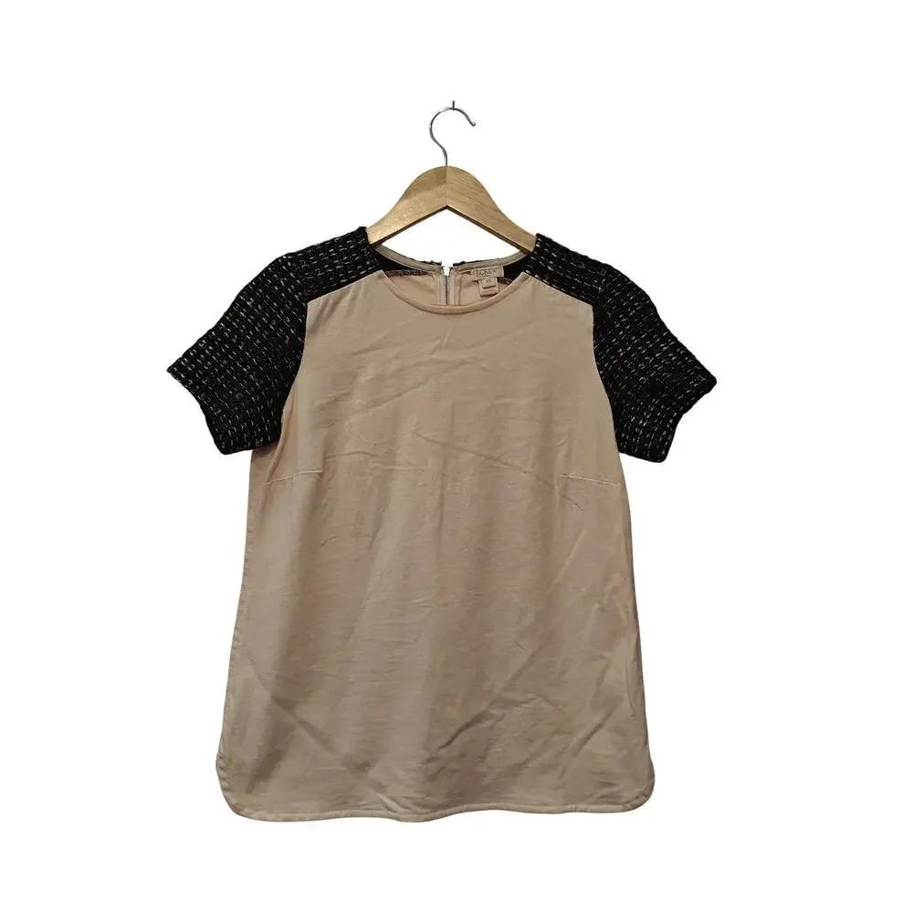 J.Crew Cream Top Black Tweed Short Sleeves Back Zip Blouse XS